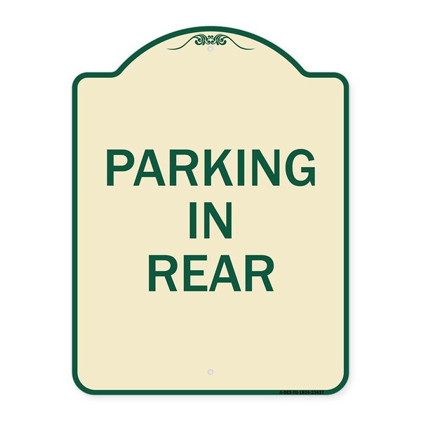 Designer Series Parking in Rear, Tan & Green Heavy-Gauge Aluminum Sign, 24" x 18", TG-1824-23437